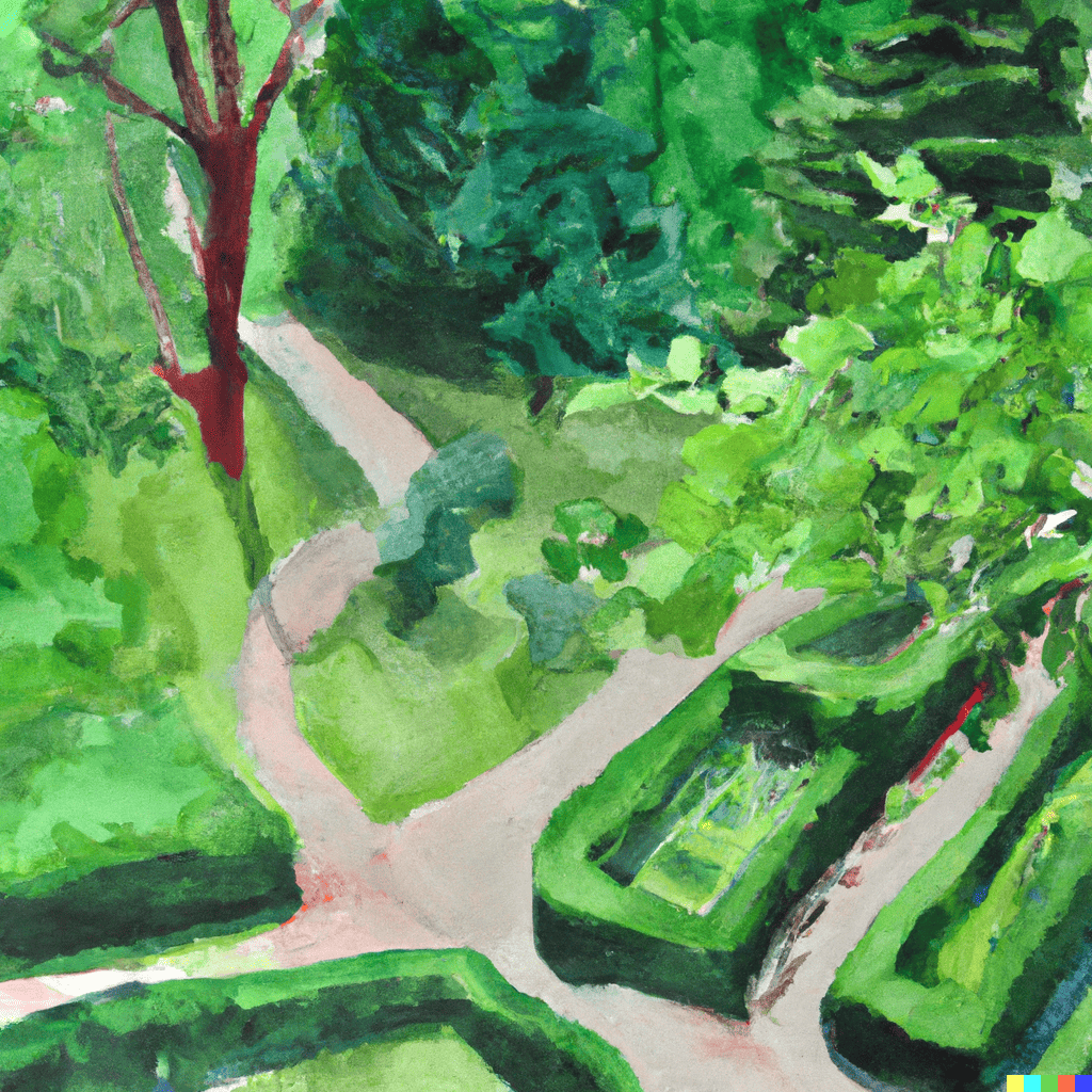 Criss-crossing meandering paths in a garden, uncertain which direction to take, watercolor, mid afternoon.