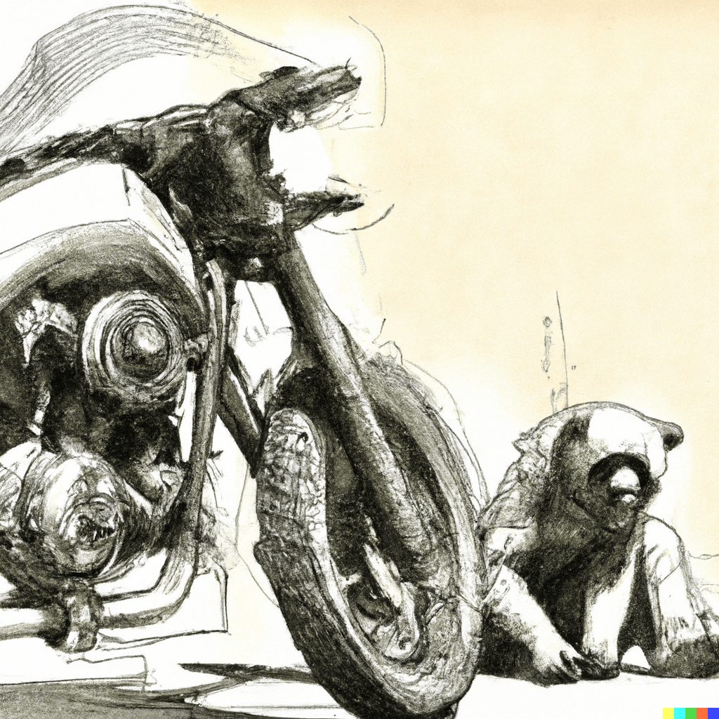 Sketch of a dejected bear and a motorcycle.