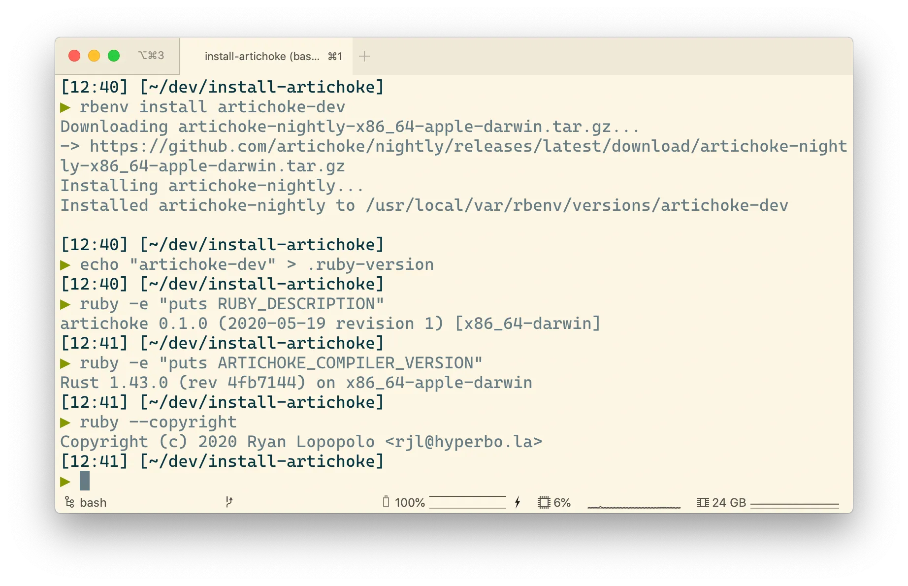 Terminal showing Artichoke nightly installation through rbenv followed by Ruby and Rust version checks.