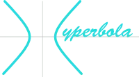 Turquoise hyperbola logo and wordmark centered on gray crosshair lines.