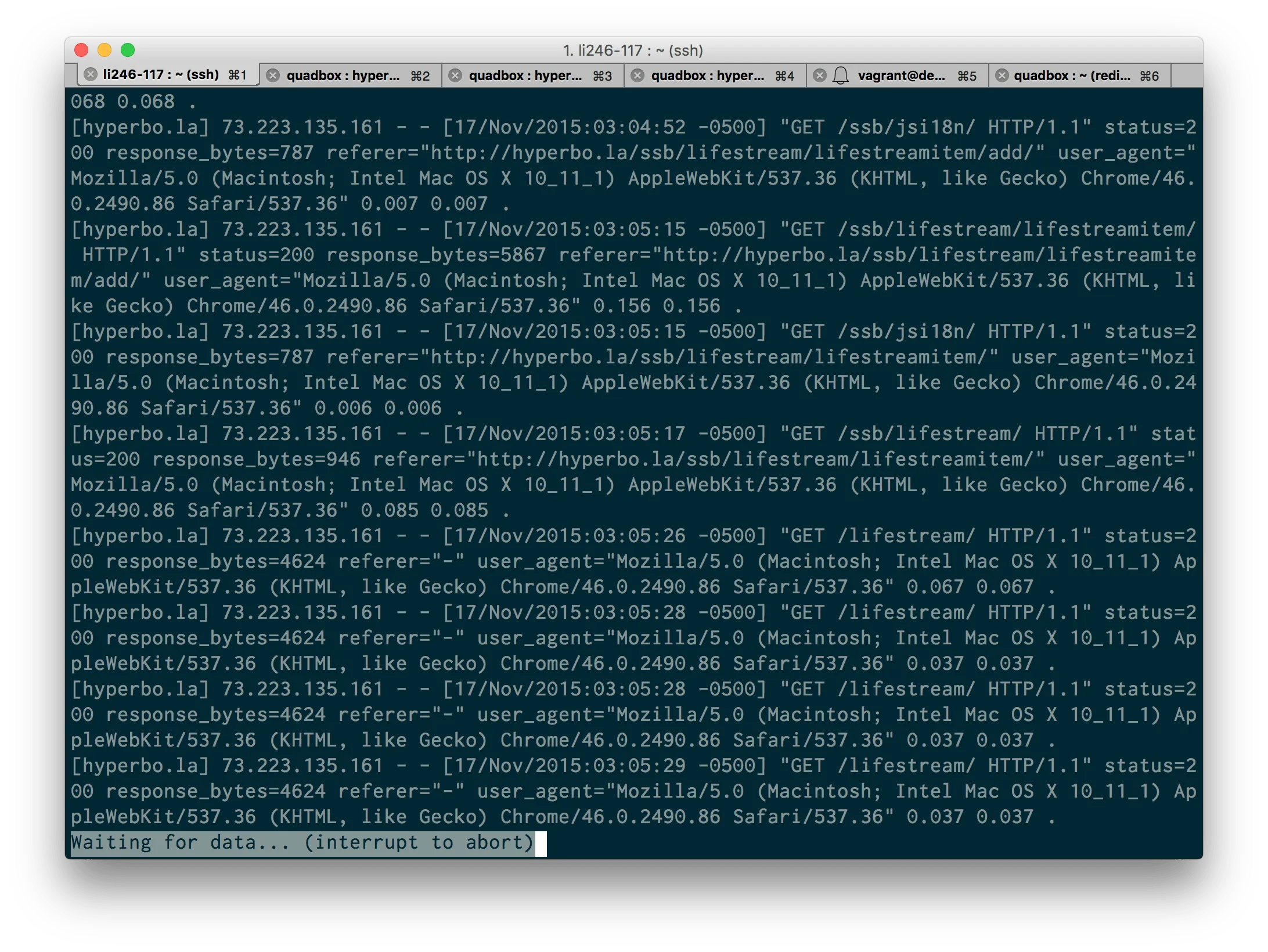Terminal showing Nginx access logs with lifestream requests completing in roughly 0.04 to 0.16 seconds.