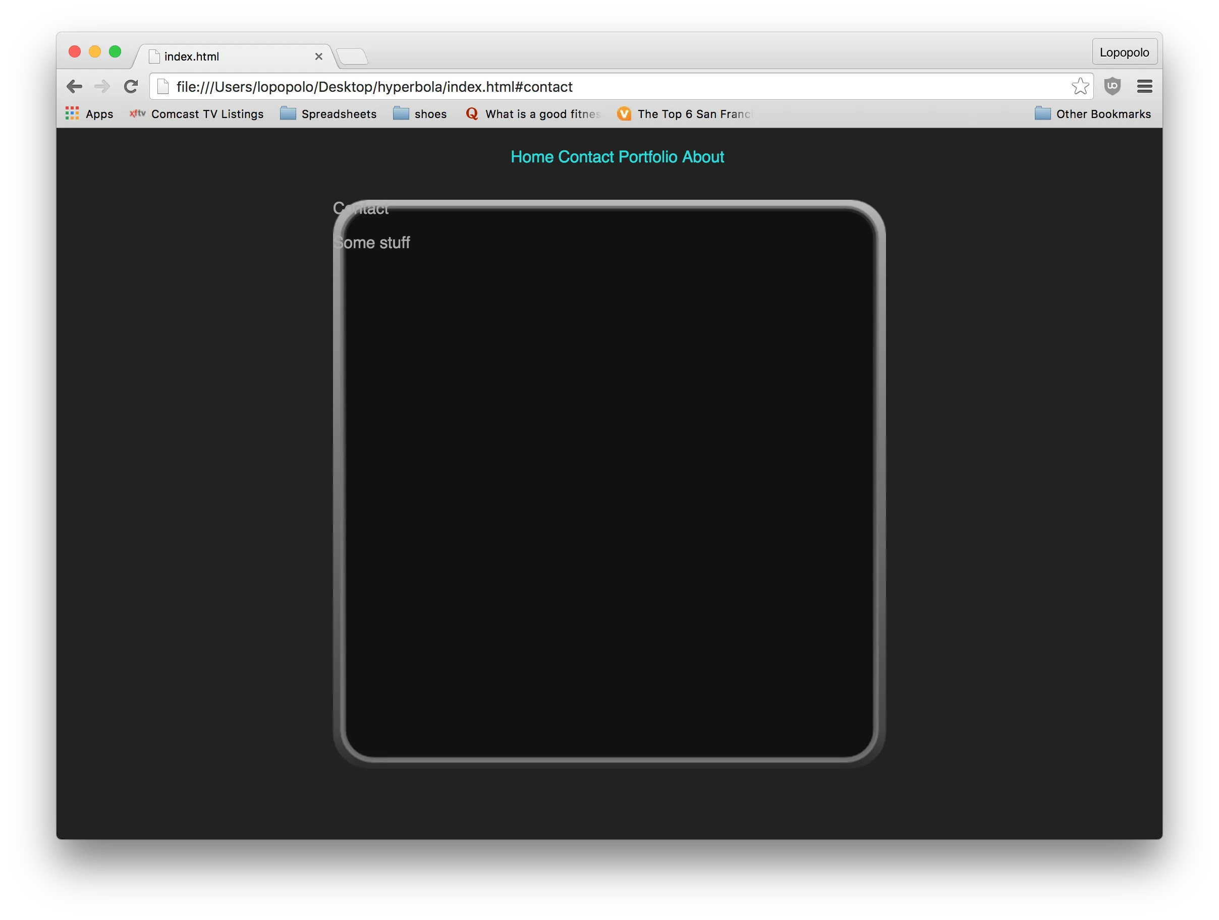 Chrome showing an early local hyperbo.la homepage with cyan navigation and a large dark rounded panel.