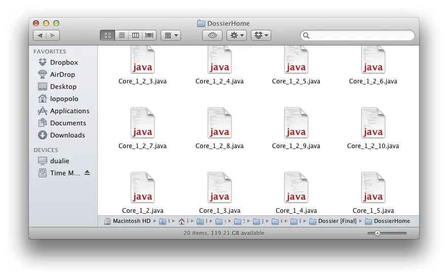 Finder window containing a sequence of Java source files named Core_1_2_3.java through Core_1_5.java.