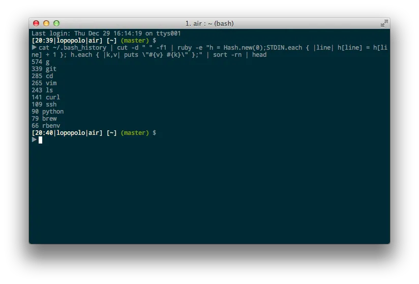 Terminal listing shell command frequencies, led by cat, git, cd, and vim.