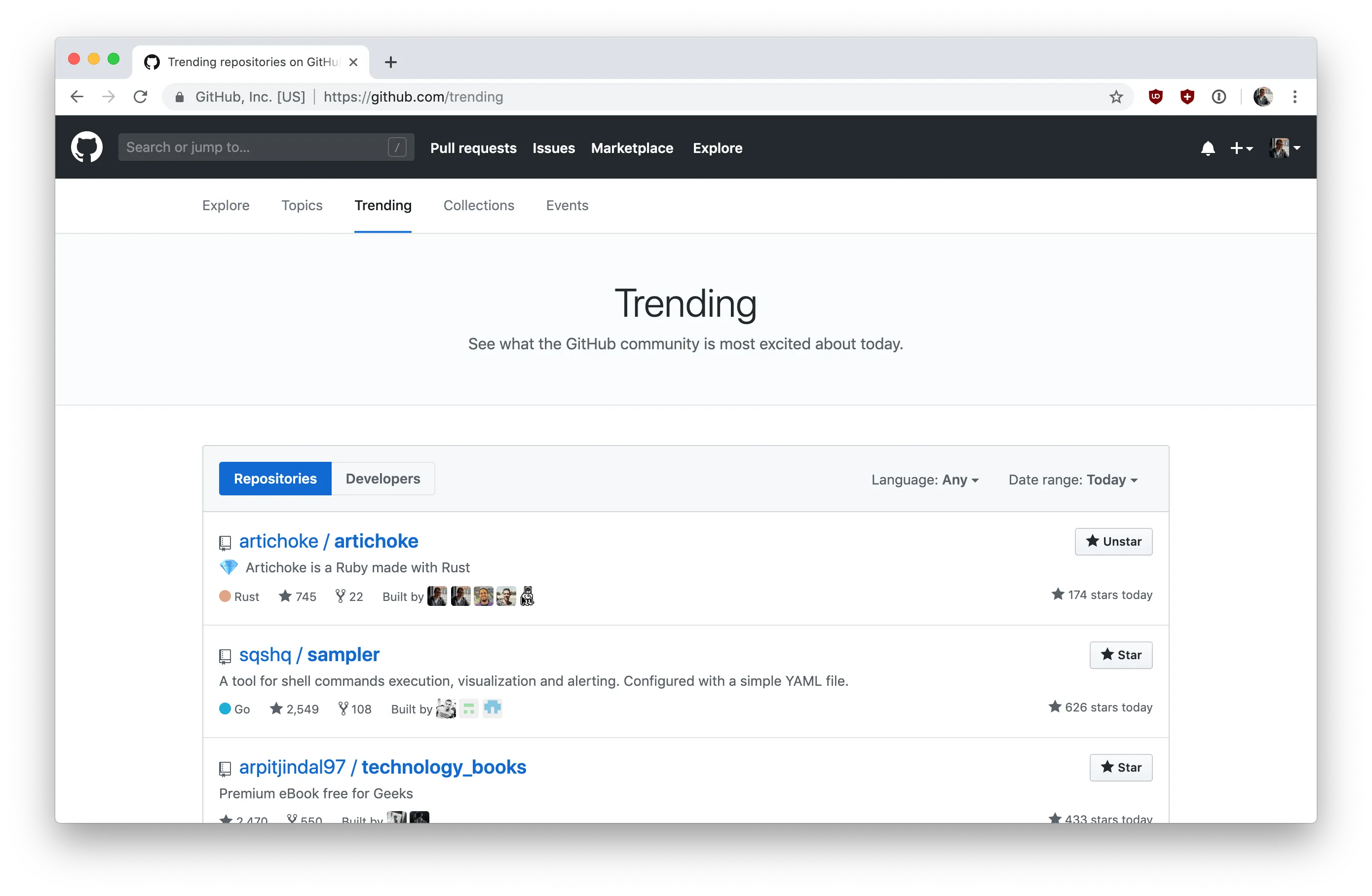 GitHub Trending page with artichoke/artichoke ranked first and 174 stars today.