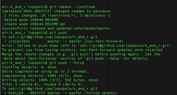 Terminal showing a rejected non-fast-forward Git push followed by a successful forced push.