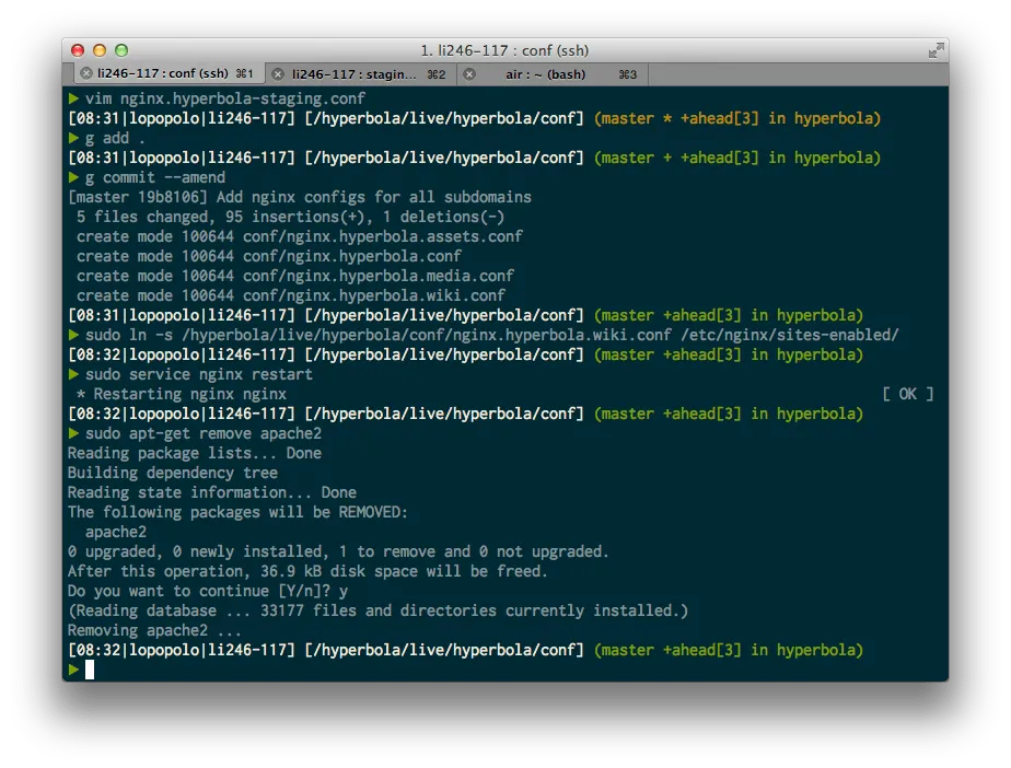 Terminal showing Nginx configuration commits, a service restart, and removal of Apache.