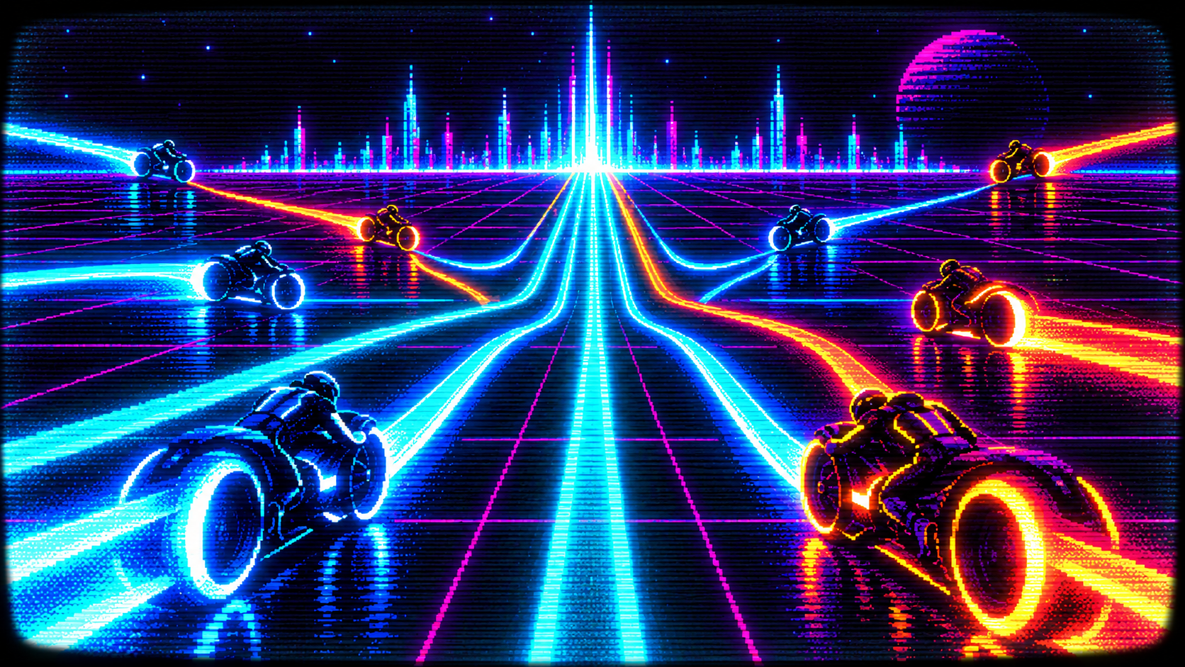 Retro 1980s arcade-style scene of neon motorcycles racing in from different directions, their cyan and orange light trails curving together into parallel glowing lanes that converge on a bright horizon. The image has a limited-color CRT look with scanlines, pixelated dithering, heavy phosphor glow, a magenta grid, and a dark futuristic skyline.