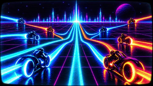 Retro 1980s arcade-style scene of neon motorcycles racing in from different directions, their cyan and orange light trails curving together into parallel glowing lanes that converge on a bright horizon. The image has a limited-color CRT look with scanlines, pixelated dithering, heavy phosphor glow, a magenta grid, and a dark futuristic skyline.