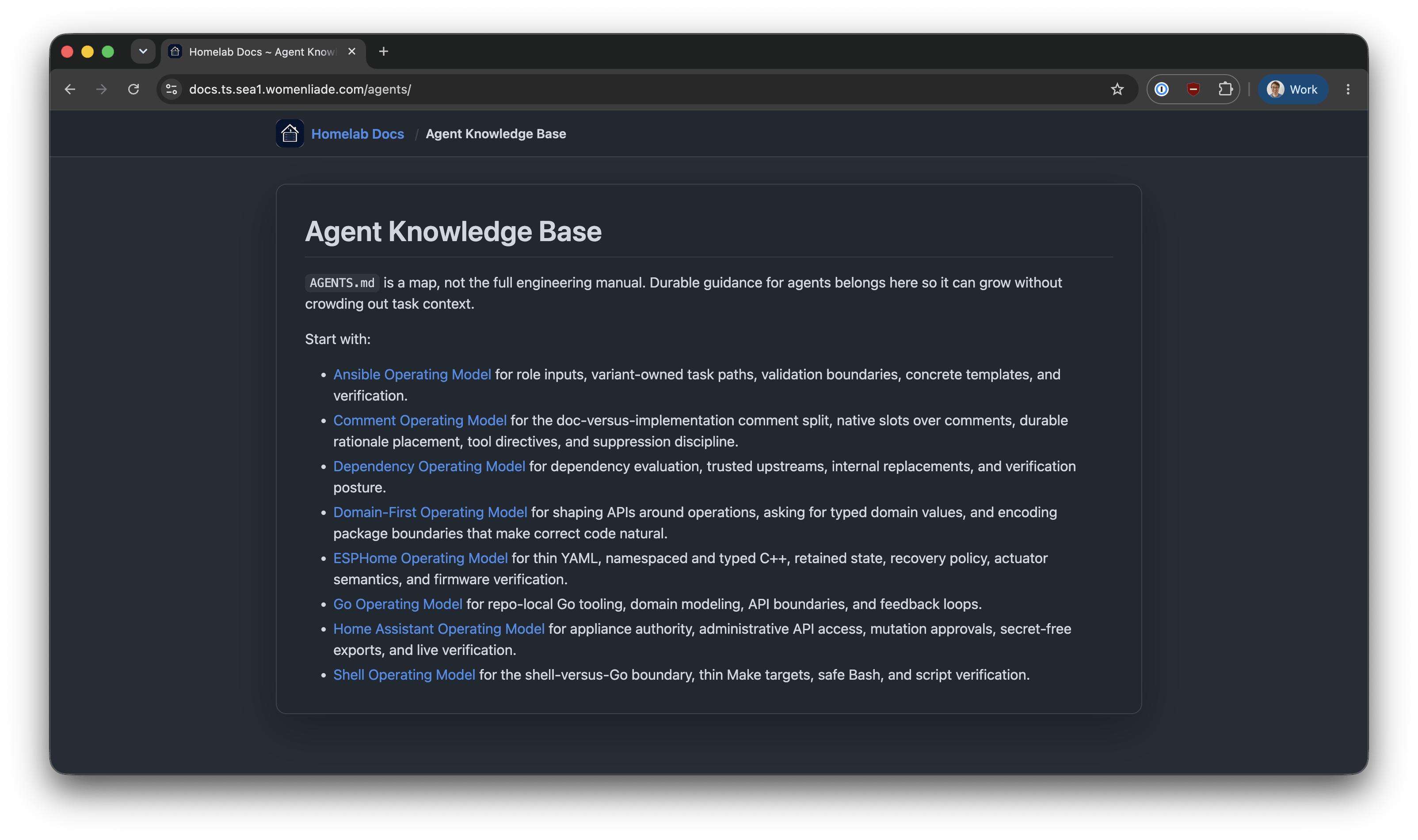 Dark-themed Homelab Docs page titled ‘Agent Knowledge Base.’ It explains that AGENTS.md is a map rather than the full engineering manual, and links to detailed operating models for Ansible, comments, dependencies, domain-first APIs, ESPHome, Go, Home Assistant, and shell scripting.