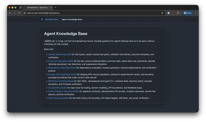 Dark-themed Homelab Docs page titled ‘Agent Knowledge Base.’ It explains that AGENTS.md is a map rather than the full engineering manual, and links to detailed operating models for Ansible, comments, dependencies, domain-first APIs, ESPHome, Go, Home Assistant, and shell scripting.