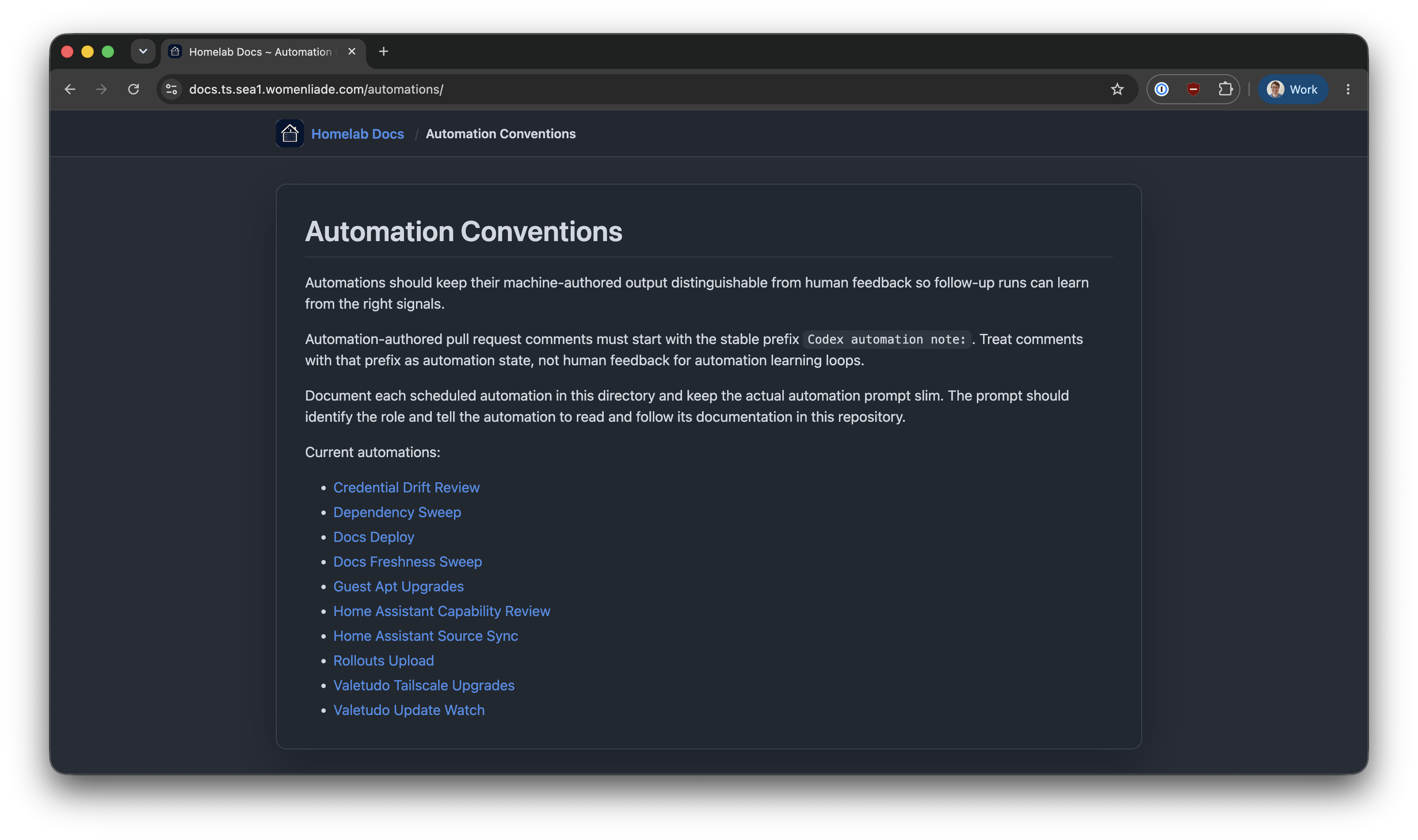 Dark-themed Homelab Docs page titled ‘Automation Conventions.’ It describes keeping machine-authored output distinguishable from human feedback and keeping automation prompts thin, followed by a list of recurring automations for credentials, dependencies, docs, guest upgrades, Home Assistant, rollouts, and Valetudo.