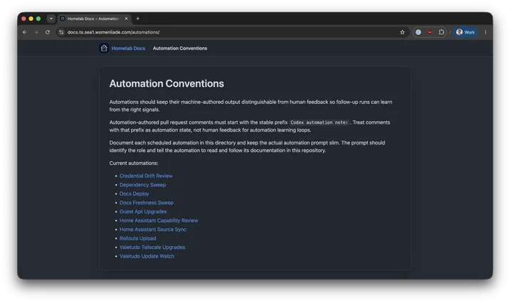 Dark-themed Homelab Docs page titled ‘Automation Conventions.’ It describes keeping machine-authored output distinguishable from human feedback and keeping automation prompts thin, followed by a list of recurring automations for credentials, dependencies, docs, guest upgrades, Home Assistant, rollouts, and Valetudo.