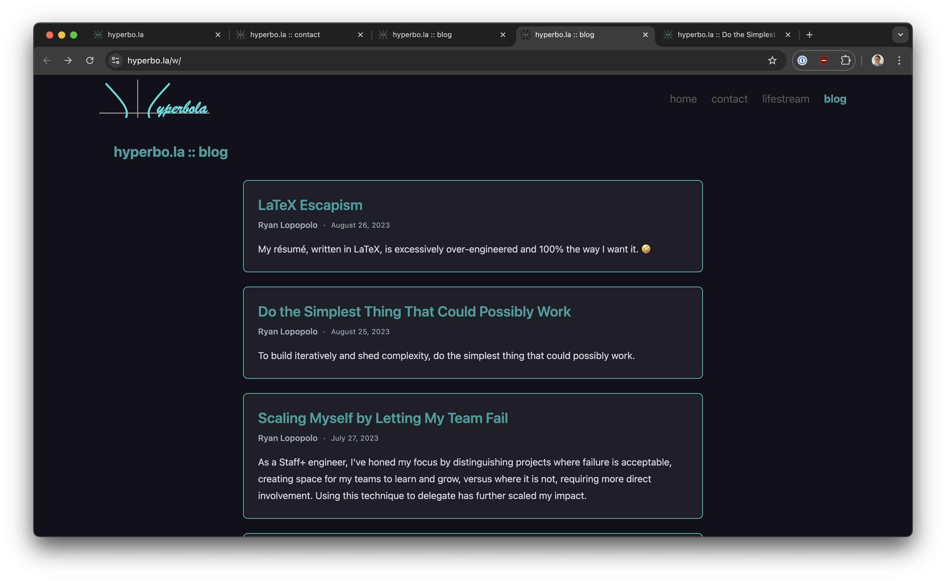 Screenshot of https://hyperbo.la/w/ blog index page showing cards of recent blog posts in the Tailwind CSS hyperbo.la style.