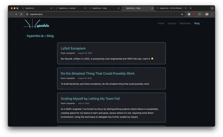 Screenshot of https://hyperbo.la/w/ blog index page showing cards of recent blog posts in the Tailwind CSS hyperbo.la style.