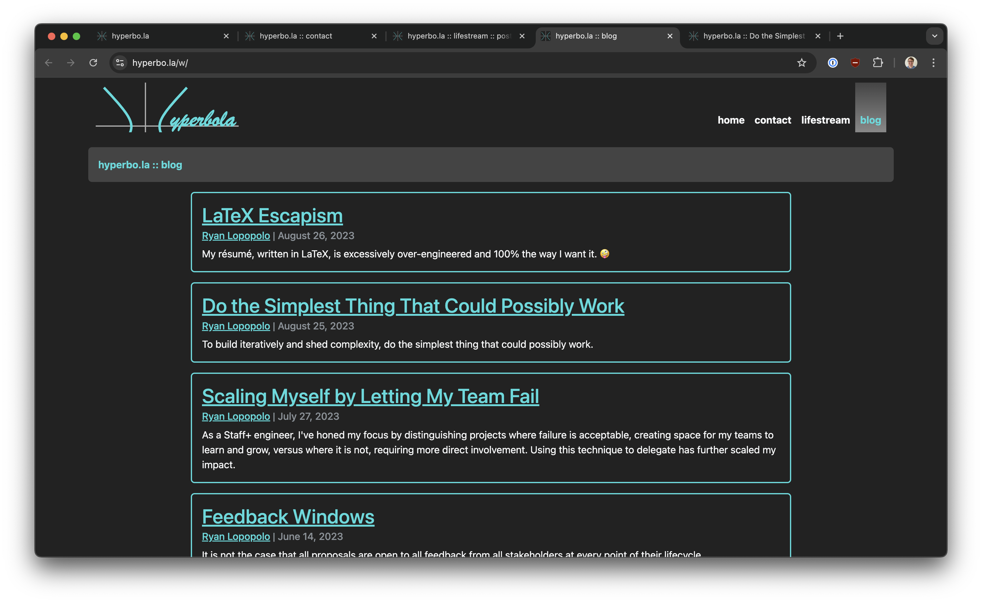 Screenshot of https://hyperbo.la/w/ blog index page showing cards of recent blog posts in the classic hyperbo.la style.