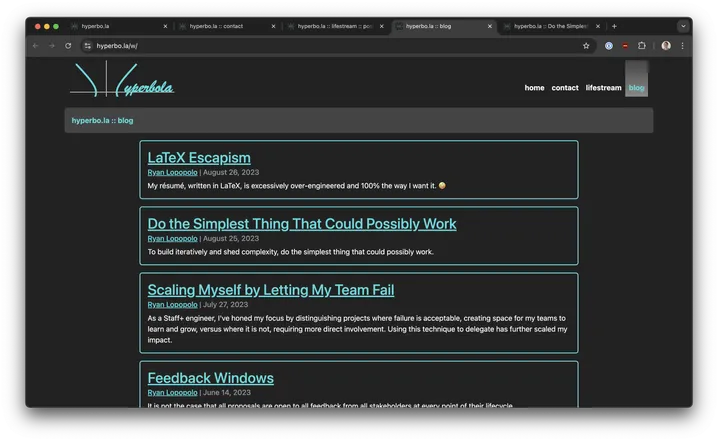 Screenshot of https://hyperbo.la/w/ blog index page showing cards of recent blog posts in the classic hyperbo.la style.
