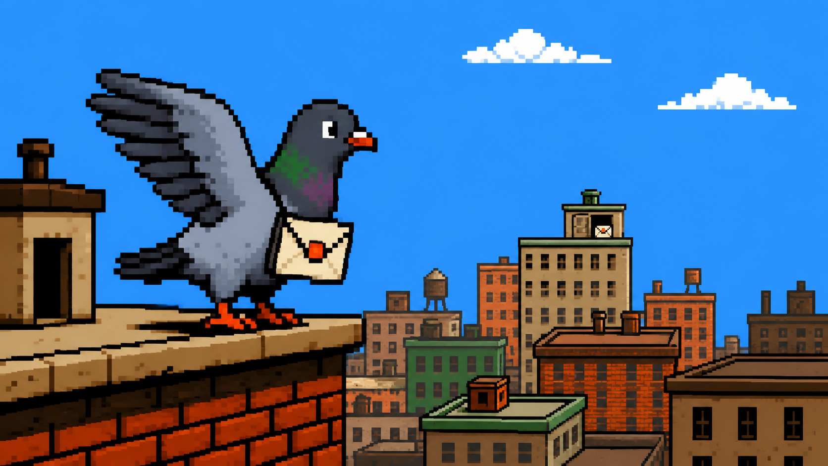 An 8-bit carrier pigeon carrying a sealed envelope prepares to launch from a rooftop toward a distant building marked with a matching envelope.