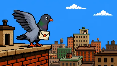 An 8-bit carrier pigeon carrying a sealed envelope prepares to launch from a rooftop toward a distant building marked with a matching envelope.