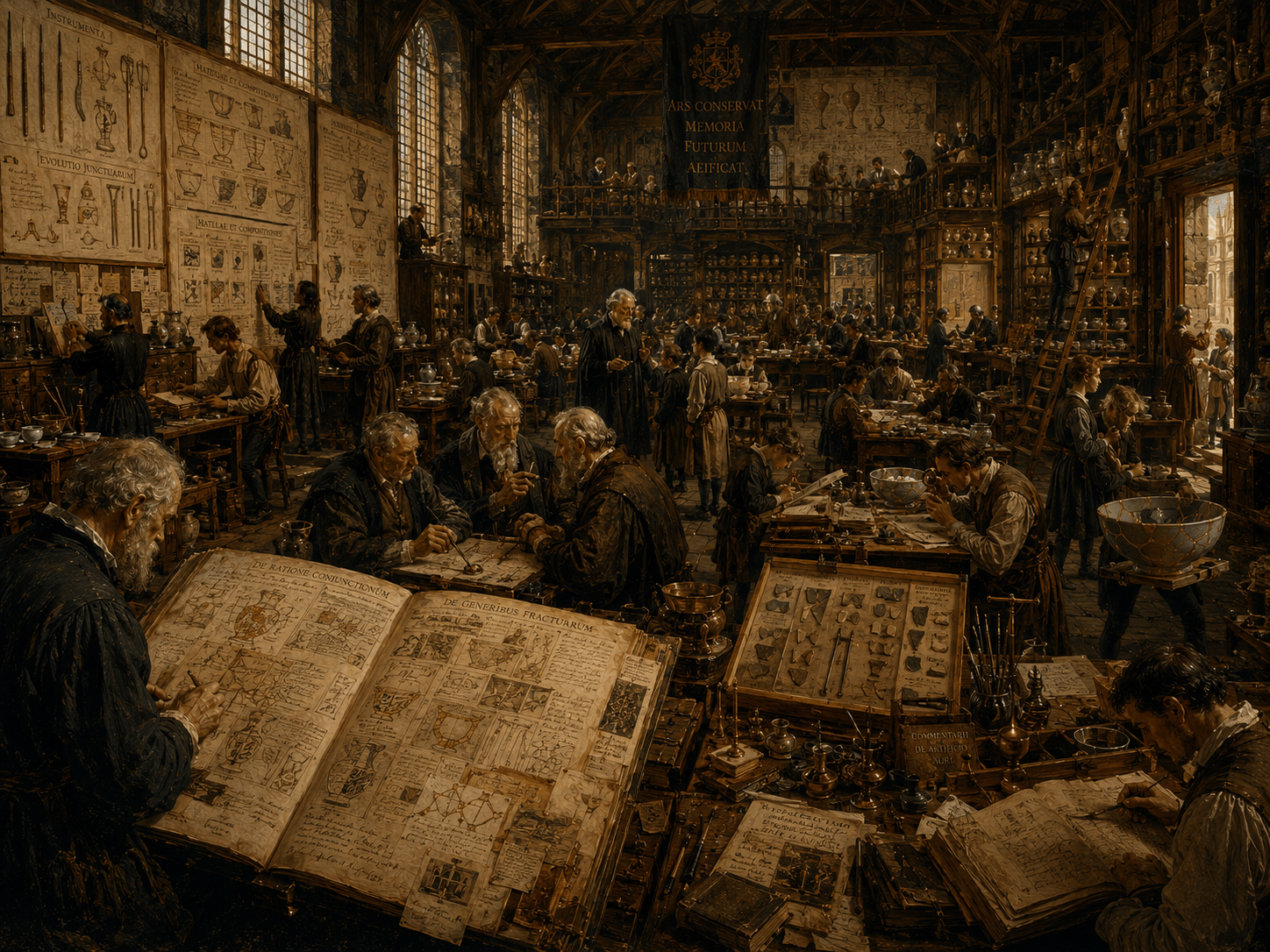 A grand, centuries-old ceramic restoration workshop rendered in the style of a Flemish Old Master painting. Warm light pours through tall windows onto long wooden workbenches where artisans repair porcelain with gold, teach apprentices, sketch diagrams, catalog techniques in oversized illuminated manuscripts, and refine specialized tools. Shelves of restored vessels stretch into the distance beneath vaulted timber ceilings, creating the impression of a vast institution devoted to preserving and advancing the craft of restoration.