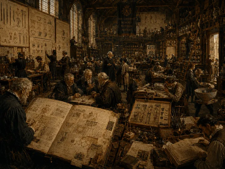 A grand, centuries-old ceramic restoration workshop rendered in the style of a Flemish Old Master painting. Warm light pours through tall windows onto long wooden workbenches where artisans repair porcelain with gold, teach apprentices, sketch diagrams, catalog techniques in oversized illuminated manuscripts, and refine specialized tools. Shelves of restored vessels stretch into the distance beneath vaulted timber ceilings, creating the impression of a vast institution devoted to preserving and advancing the craft of restoration.