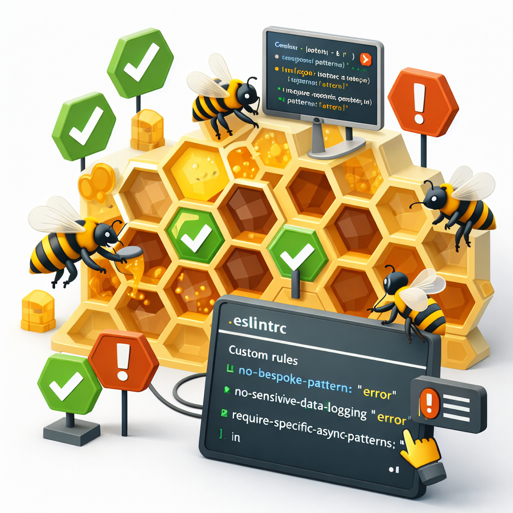 A 3D isometric scene of bees collaboratively maintaining a honeycomb structure. Each bee works on individual cells while checkmarks and warning markers indicate enforced rules. The honeycomb represents a codebase shaped by constraints, with quality emerging from distributed enforcement rather than centralized review, rendered in a clean Airbnb-style miniature aesthetic on a white background.