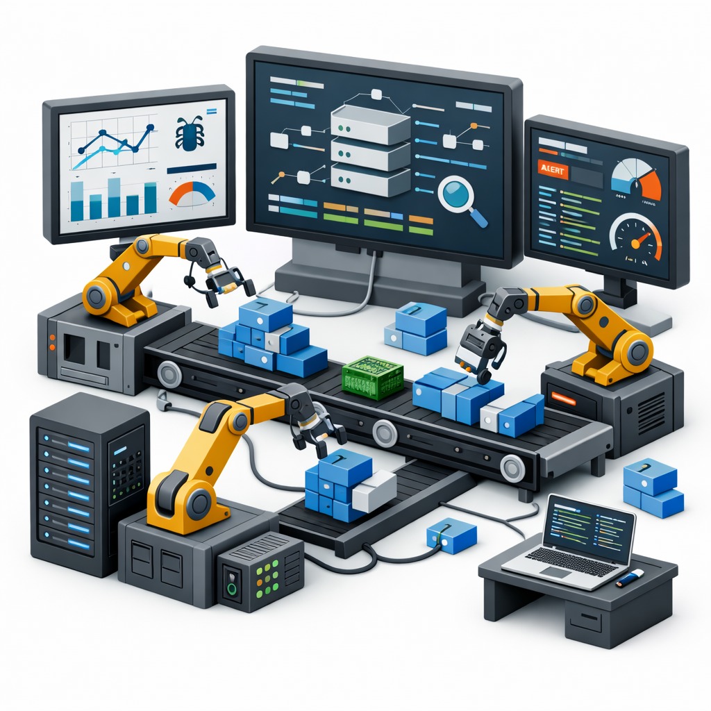 A 3D isometric scene showing multiple autonomous worker units operating in parallel across a shared system: code panels, logs, charts, and running services connected by conveyor belts and control nodes. The layout suggests continuous, high-throughput agent activity coordinated by structured harnesses rather than human oversight, rendered in a clean Airbnb-style miniature aesthetic on a white background.