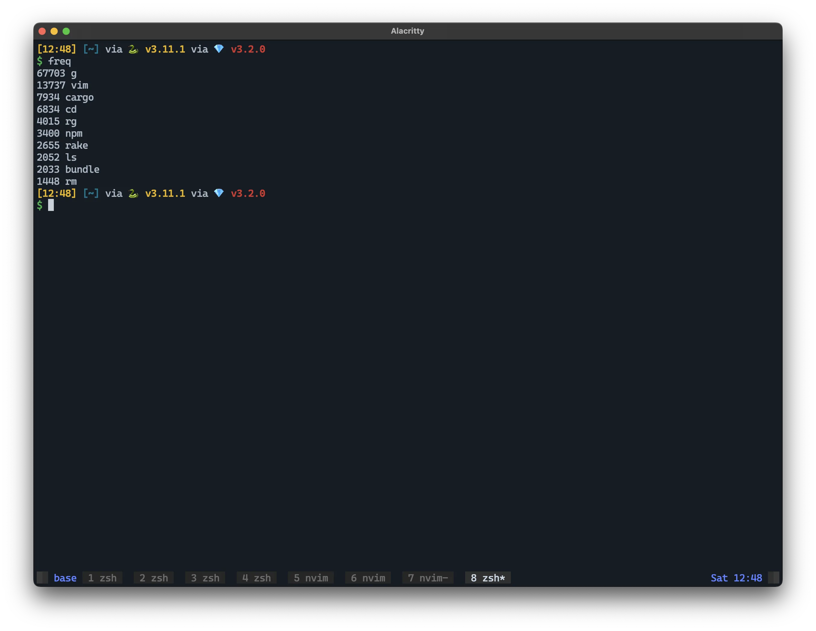 Alacritty terminal frequency report listing g, vim, cargo, cd, rg, npm, and other commands.