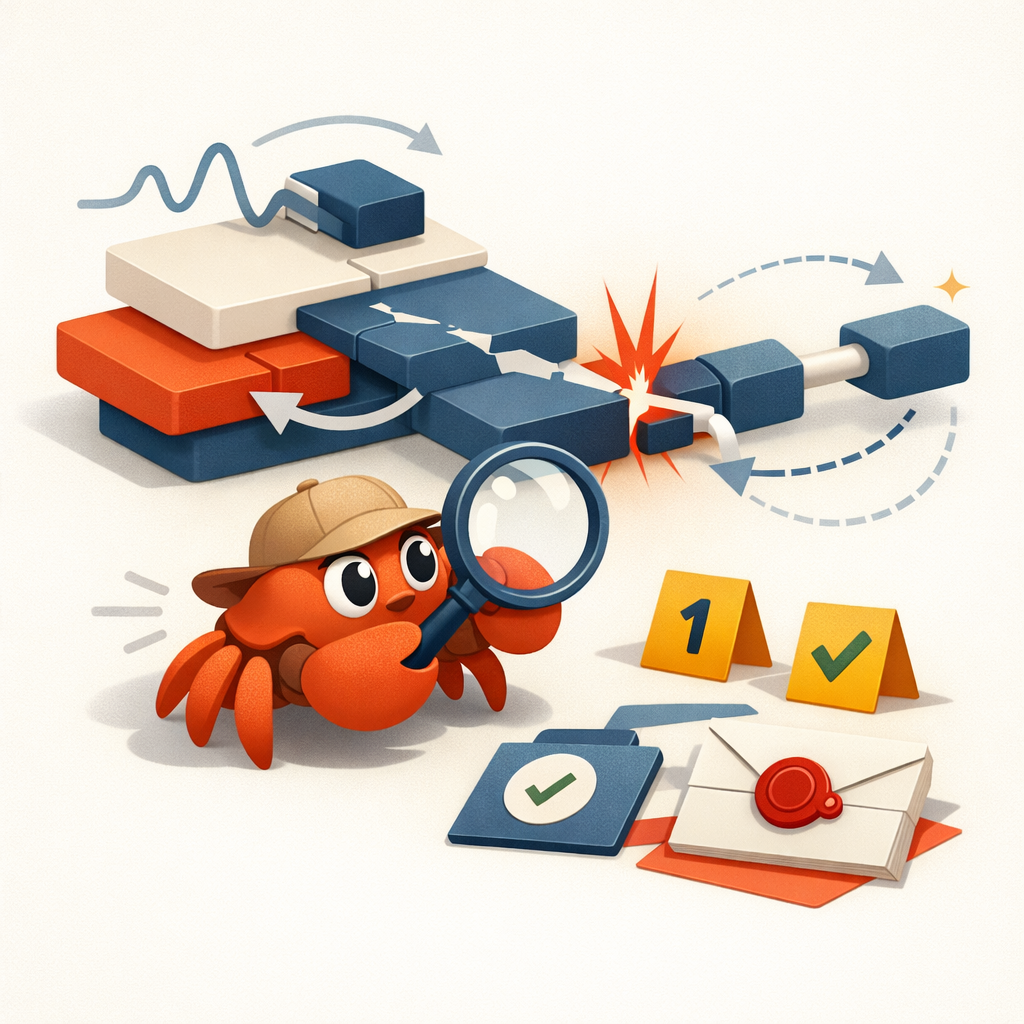 A small orange crab detective with a magnifying glass examines a broken connection in an abstract system of stacked cream, blue, and orange geometric blocks. A bright red spark marks the flaw, while arrows, a check-mark card, evidence markers, and a sealed document suggest the issue was investigated, fixed, and responsibly disclosed. The scene is rendered in a soft 3D editorial style on a warm off-white background with lots of open space.