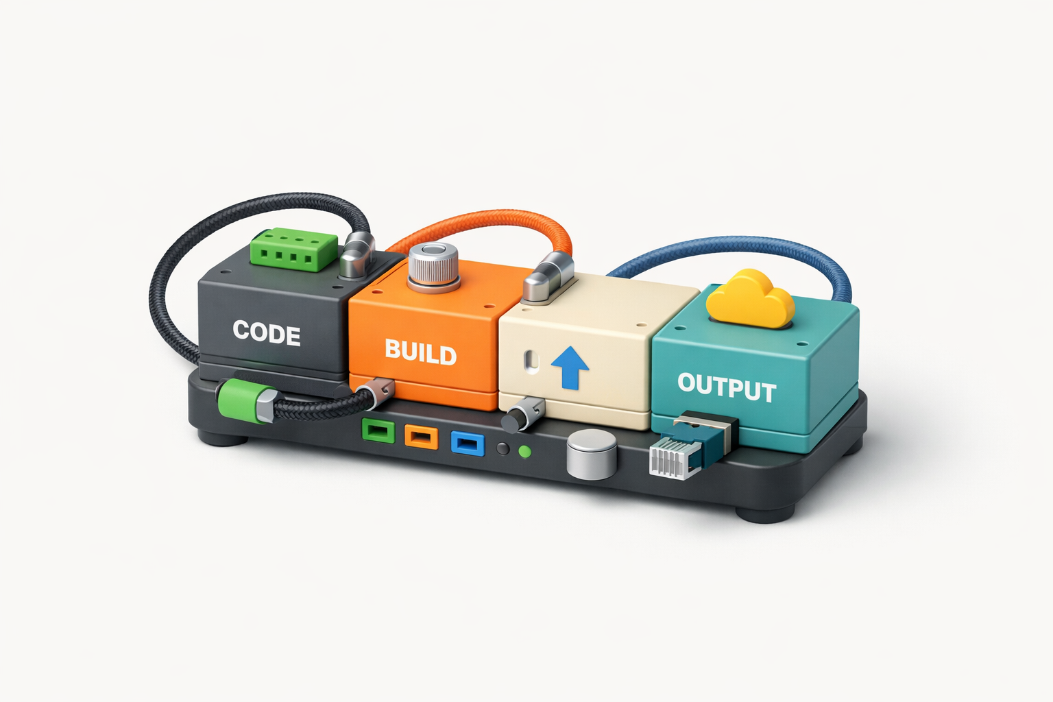 3D isometric icon depicting a modular blog build pipeline with connected blocks and cable-like links.