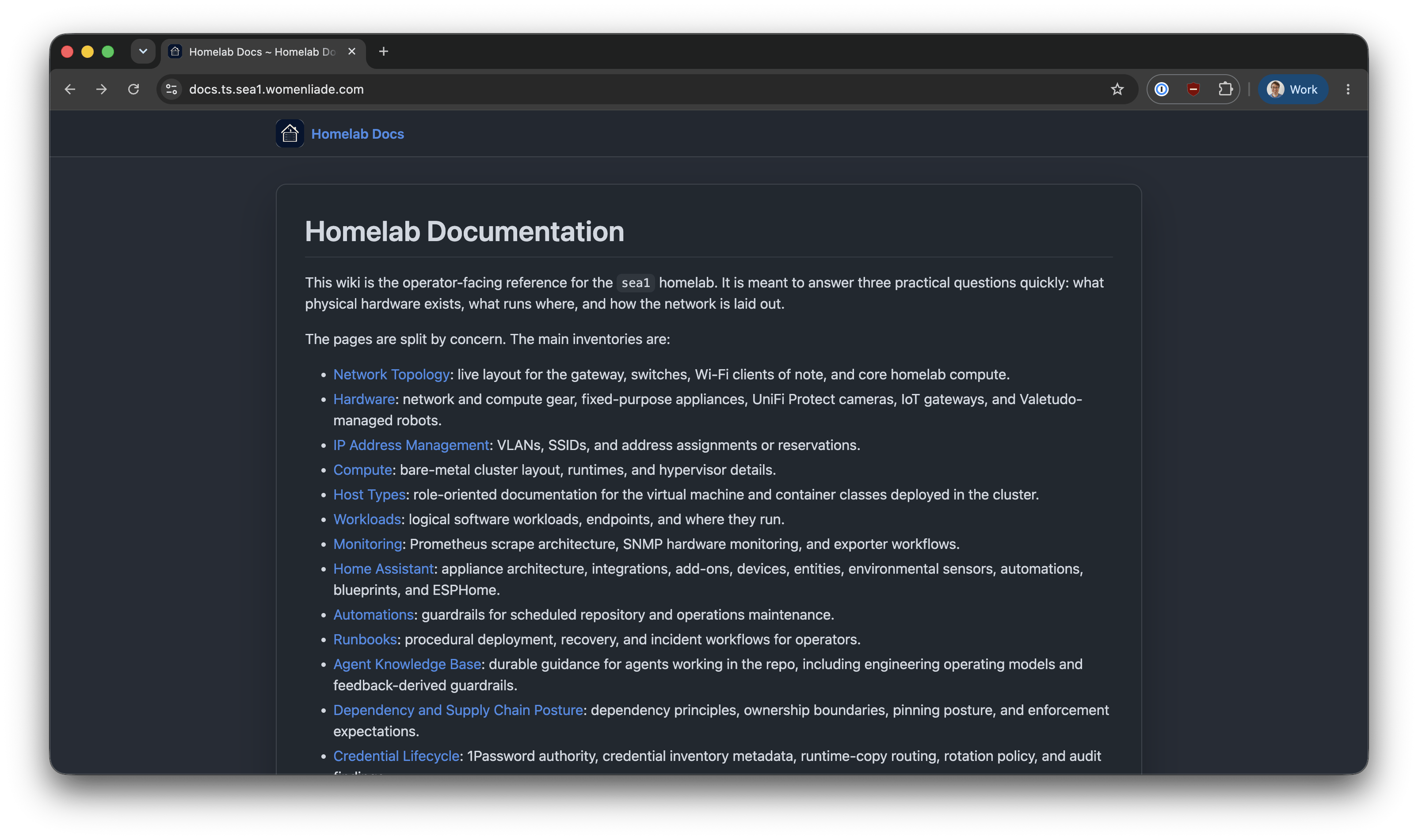 Dark-themed Homelab Documentation index describing an operator-facing reference for the sea1 homelab. Links cover network topology, hardware, IP address management, compute, host types, workloads, monitoring, Home Assistant, automations, runbooks, the agent knowledge base, dependencies, and credential lifecycle.