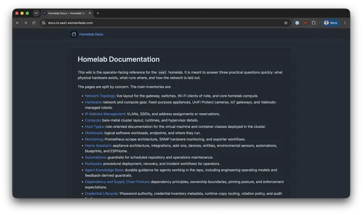 Dark-themed Homelab Documentation index describing an operator-facing reference for the sea1 homelab. Links cover network topology, hardware, IP address management, compute, host types, workloads, monitoring, Home Assistant, automations, runbooks, the agent knowledge base, dependencies, and credential lifecycle.