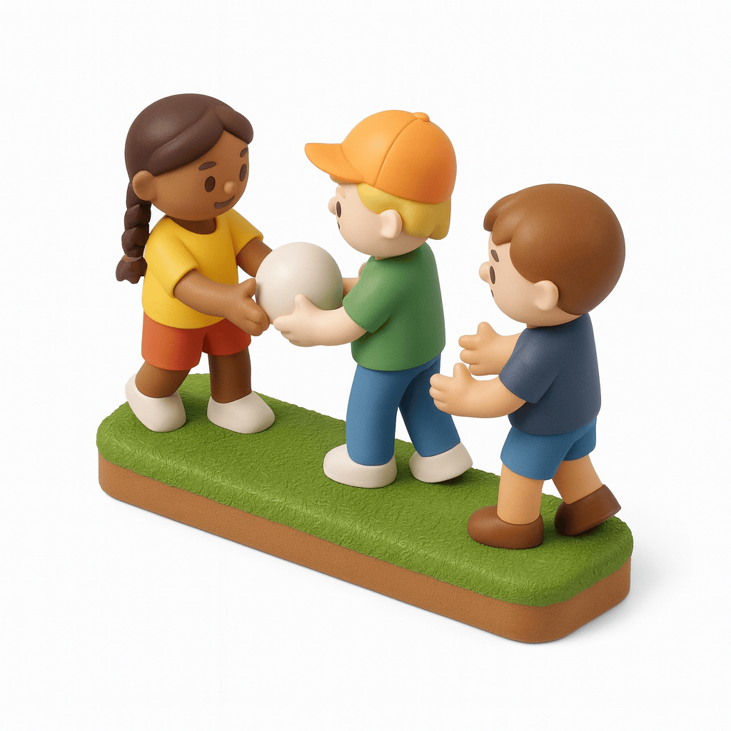 A 3D-rendered, diorama-style illustration of three children passing a cream ball. The child on the left, wearing a yellow shirt and red shorts, reaches to give the ball from the middle child, who has is dressed in a orange baseball cap, green shirt, and blue pants. The child on the right, wearing a navy t shirt and blue sorts, follows behind. All figures have smooth, rounded features and soft, matte textures in a minimal, playful style against a clean white background, standing on a turf island.