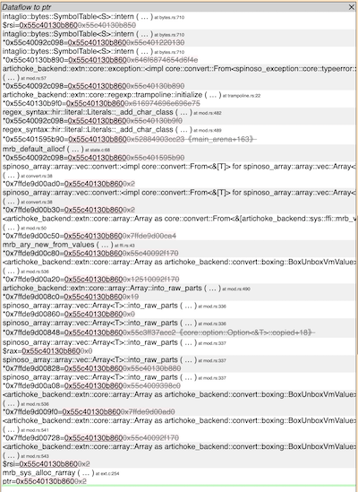 Pernosco dataflow panel showing writes to a memory address over time.