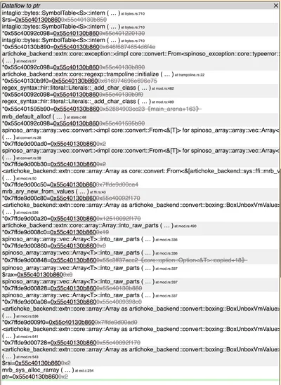 Pernosco dataflow panel showing writes to a memory address over time.