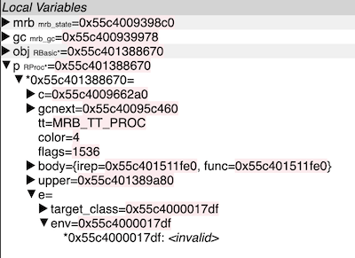 Pernosco local variables panel inspecting a corrupted pointer value.