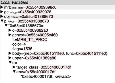 Pernosco local variables panel inspecting a corrupted pointer value.