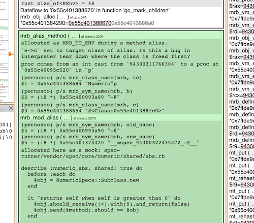 Pernosco notebook panel with annotations attached to a specific execution point.