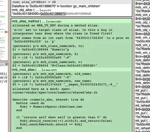 Pernosco notebook panel with annotations attached to a specific execution point.