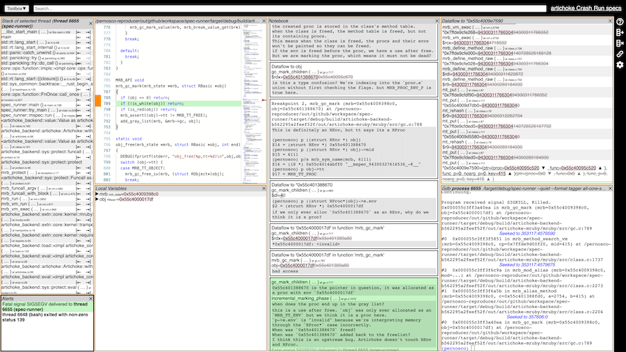 Pernosco interface showing stack trace, alerts, source view, local variables, and a gdb shell.