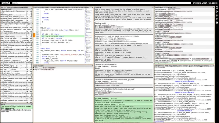 Pernosco interface showing stack trace, alerts, source view, local variables, and a gdb shell.