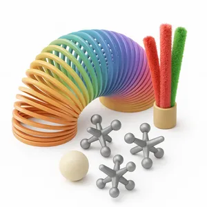 A 3D isometric illustration of nostalgic toys on a white background. The image features a rainbow-colored plastic slinky arched in the center, a group of four silver jacks with a cream-colored rubber ball, and three fuzzy pipe cleaners (two red and one green) standing upright in a small beige cup. The design has a soft handcrafted realism and a premium, emoji-like aesthetic.