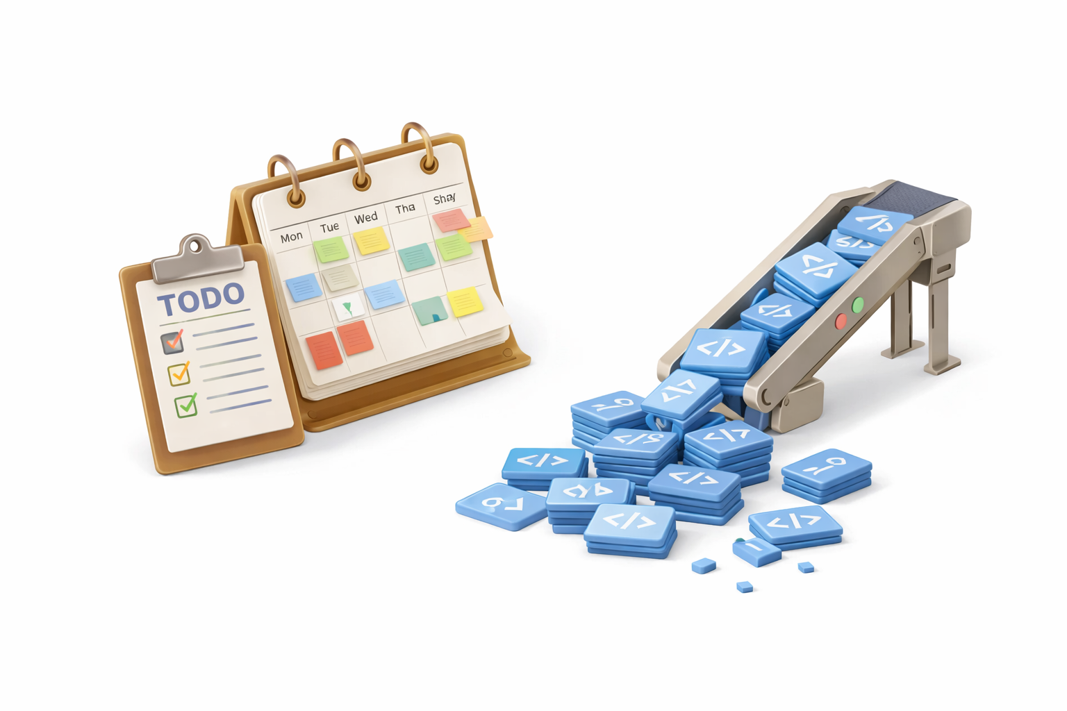 A 3D isometric scene showing a desk calendar and to-do clipboard next to a conveyor belt spilling stacks of blue code blocks onto the floor. The calendar and task list suggest scheduled work, while the overflowing code represents continuous, unscheduled software output. Rendered in a clean Airbnb-style miniature aesthetic on a white background.