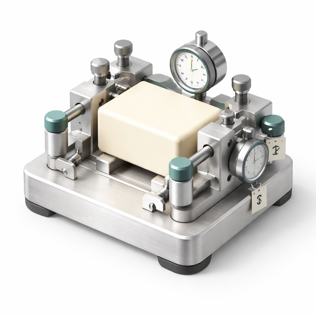 A cream-colored rectangular object sits clamped inside a precision inspection jig on a white background. The jig is rendered in brushed aluminum with teal-tipped stops, dial gauges, and small hanging calibration tags, all arranged around the object to suggest exacting measurement from multiple sides. The image is a clean, close isometric 3D render with soft studio lighting and a severe, minimal, object-first composition.