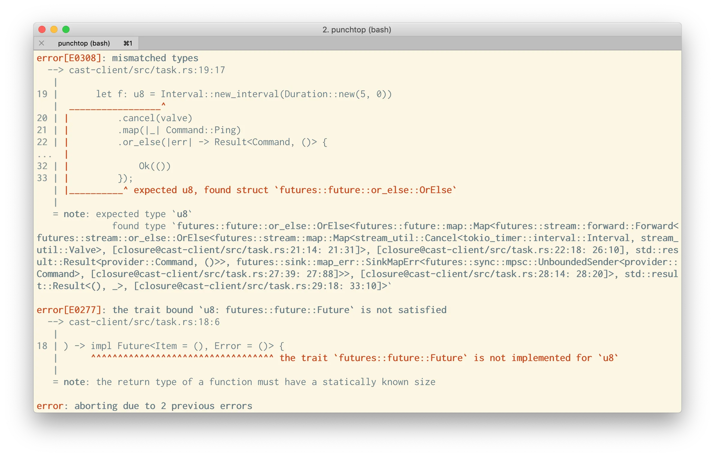 Rust compiler output showing mismatched-type and unsatisfied Future trait errors across a chained expression.