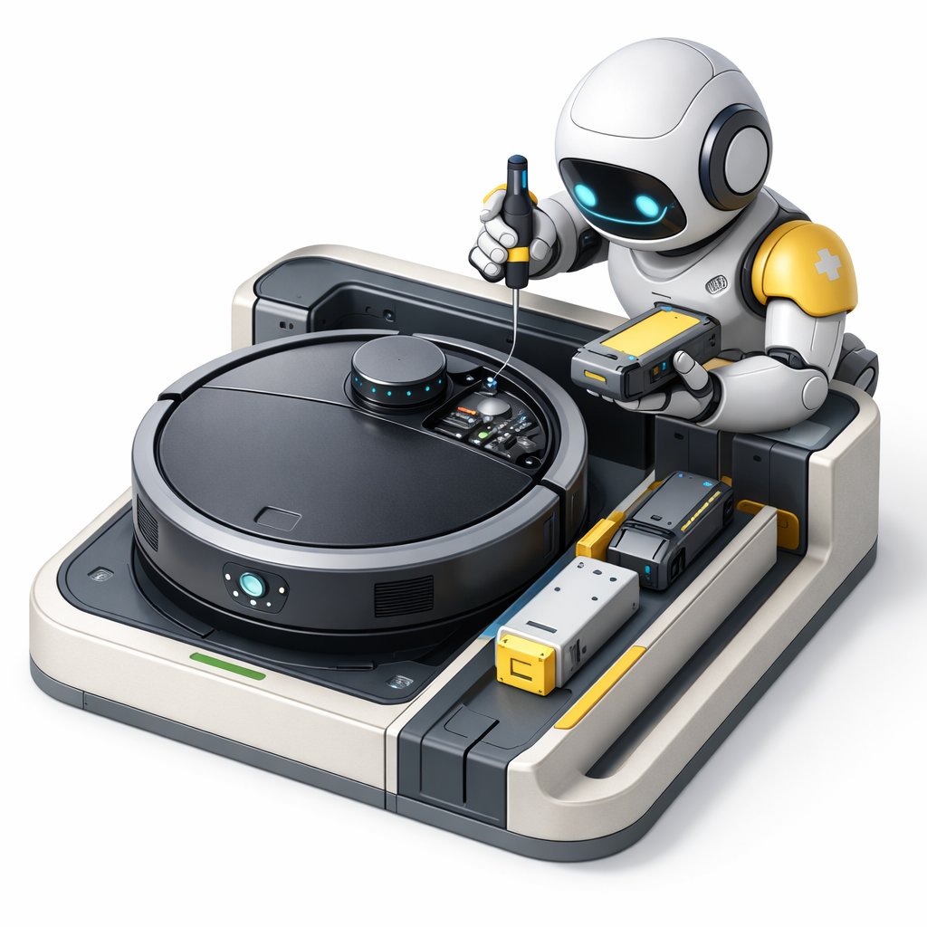 A cute white maintenance robot services a docked robot vacuum in a precision charging cradle, holding a screwdriver and a replacement module to suggest supervised software maintenance and staged deployment.
