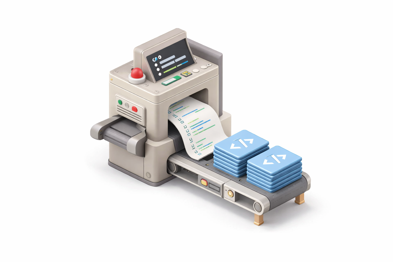 A miniature 3D isometric machine continuously printing and stacking sheets of code, styled like a premium Airbnb icon. The device resembles a compact industrial printer with a control screen and conveyor belt, producing neat stacks of blue code tiles. The scene is rendered in soft neutral lighting on a white background, suggesting automated, high-throughput software production.