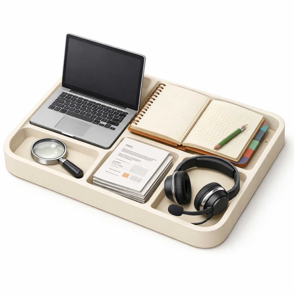 A clean white-background 3D illustration of a cream-colored organizer tray shown from a slightly top-down front-left angle. The tray holds a small open silver laptop with a blank dark screen, an open spiral notebook with a green pencil, a neat stack of printed pages, a black over-ear support headset with microphone, and a magnifying glass. The objects are spaced evenly in fitted compartments, with soft neutral lighting and a warm, minimal palette.