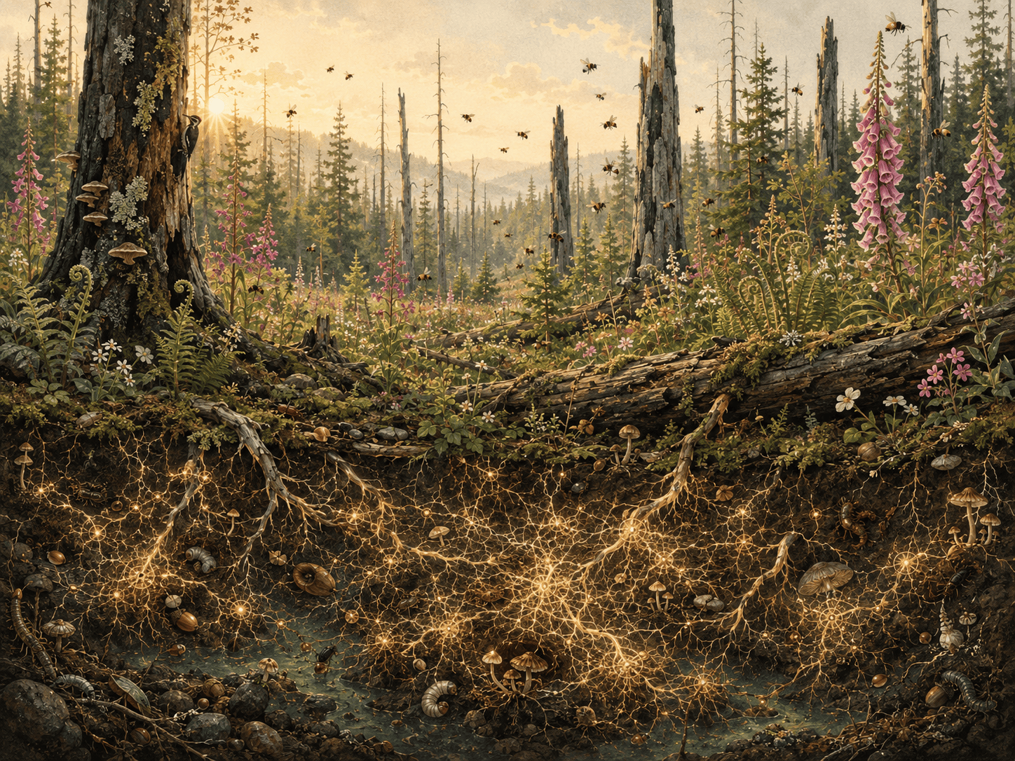 A richly detailed isometric cross-section of a regenerating temperate forest after wildfire. Above ground, silver-charred tree trunks stand among carpets of moss, unfurling ferns, foxgloves, fireweed, and young conifers growing from fallen nurse logs in warm morning light. Dozens of honeybees drift independently through the flowers, their scattered flight paths hinting at a larger collective rhythm. Below the forest floor, an intricate amber-glowing mycelial network spreads between tree roots, stones, mushrooms, insects, and underground pools, revealing the hidden living infrastructure that connects the ecosystem. Rendered in a tactile editorial illustration style with layered paper textures and muted botanical colors, the scene evokes emergence, resilience, and distributed intelligence through nature rather than technology.